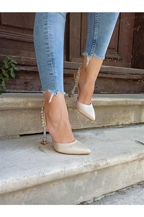 DS AYAKKABI Ten Saten Topuk Arkadan Taşlı Kadın Topuklu Ayakkabı