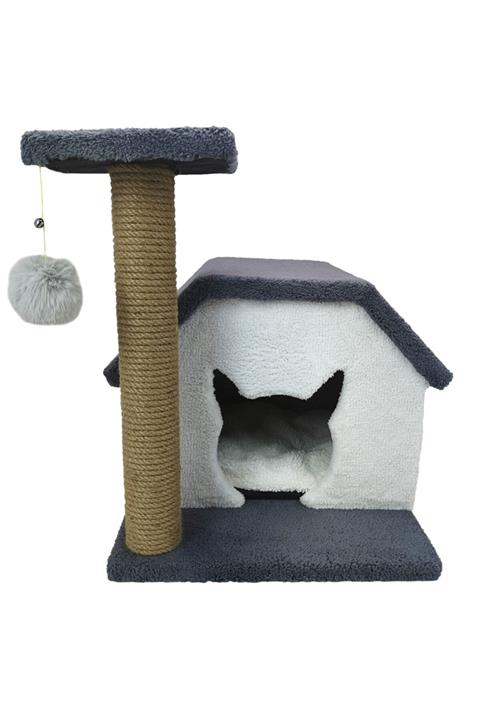 Sdypet Kedi Oyun Evi Ve 50cm Tırmalama Tahtası Ponponlu Ve Zilli - Gri