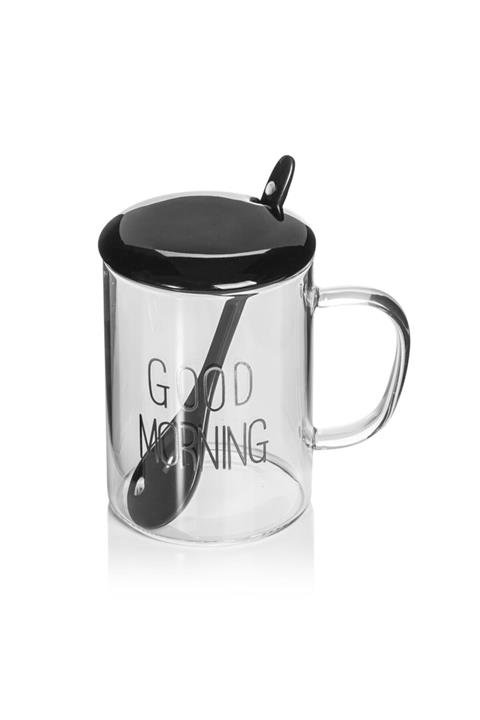 EWs Porselen Siyah Kapaklı Cam Kupa