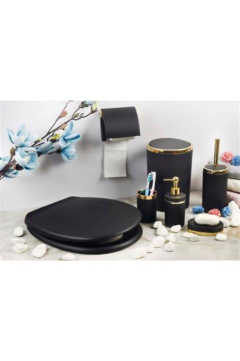 İmera Akrilik Yapım Gold Çizgi Soft Klozet Kapığı Wc Kağıtlık 5'li Yuvarlak Banyo Seti 7'li Set Siyah