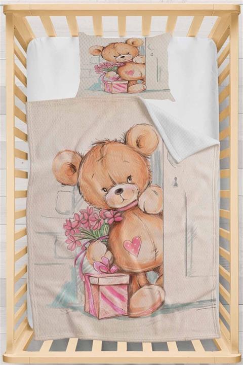 Else Halı Else Sevimli Ayılı Çiçekli Desenli Yatak Örtüsü Yastıklı Bebek Pike Takımı