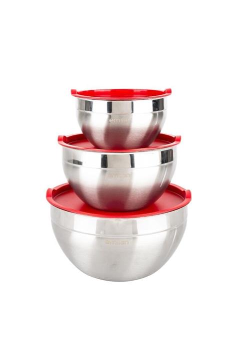 Emsan Demre Paslanmaz Çelik 3lü Saklama Kabı Kırmızı