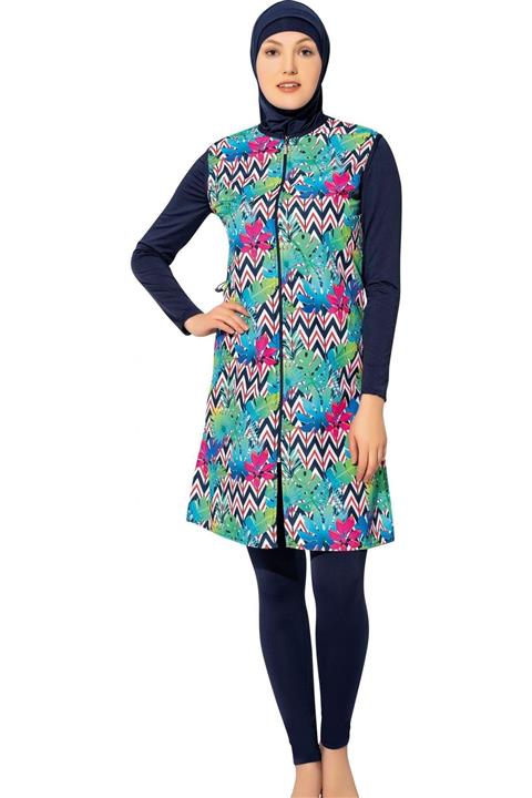 Argisa Uzun Mikro Kollu Pano Desenli Tam Tesettür Mayo 7107 Yeşil Lacivert