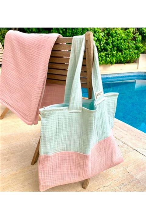 Dreaming of Ares Beach Mom Muslin Plaj Çantası  Mint Pembe