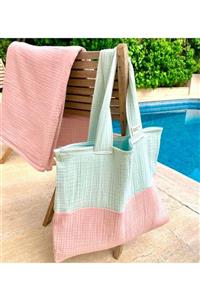 Dreaming of Ares Beach Mom Muslin Plaj Çantası  Mint Pembe