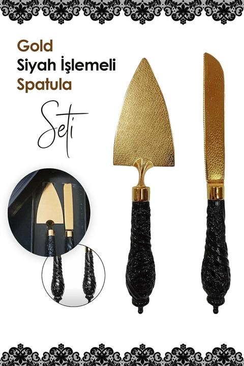BİTERSE Siyah Saplı Gold Lüks Spatula Ve Bıçak Servis Sunum Seti