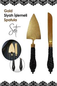 BİTERSE Siyah Saplı Gold Lüks Spatula Ve Bıçak Servis Sunum Seti