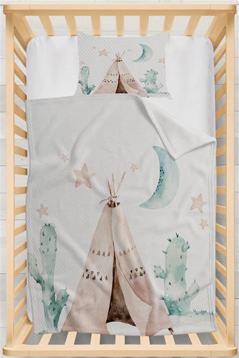 Else Halı Else Yeşil Kaktüs Çadırlı Desenli Yatak Örtüsü Yastıklı Bebek Pike Takımı