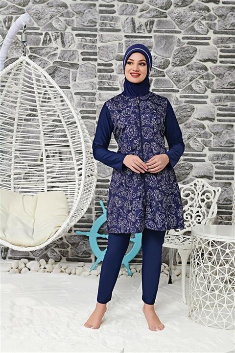 Morwagon Kadın Lacivert Desenli Polyamit Kumaş Kolu Dikili Mayo
