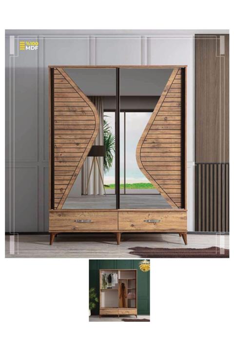 Çiftci Ticaret Ceviz Renk Mdf Tasarım Aynalı Çift Sürgülü Dolap
