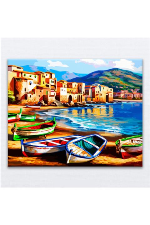 iRessam Yetişkinler Için Sayılarla Tablo Boyama Seti - Sahil Kasabası (40x50 Cm. Tuval)