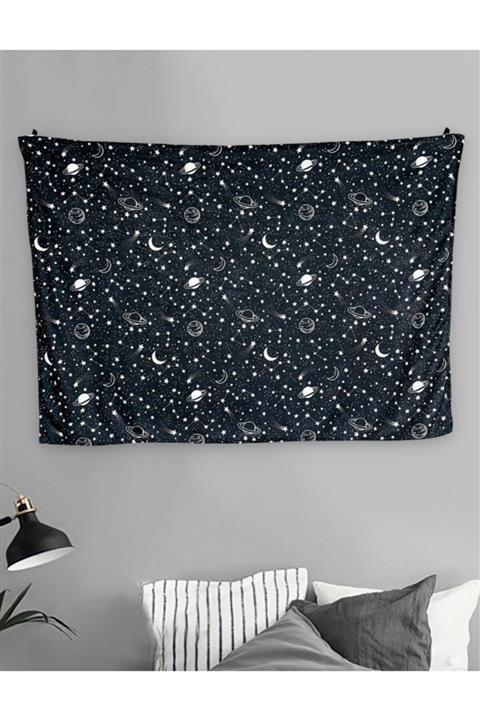 bukashops Siyah Yıldız Kolaj Saturn Duvar Halısı 70x100 Cm