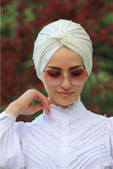 Zehra Hazır Havuz Tesettür Giyim Incili Hazır Olmayan Modelli Dolama Bone Ekru Renk (tesettür Şal Bone)