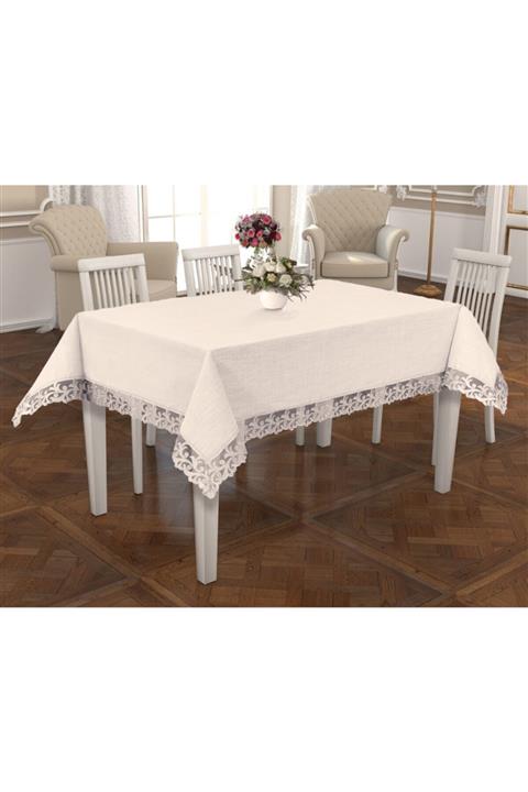 Çeyiz Bahçesi Sarmaşık Fransız Güpürlü Krem Masa Örtüsü 160&240