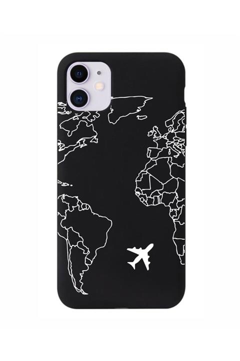 mooodcase Iphone 11 Uyumlu  World Map Lines Siyah Lansman Kılıf