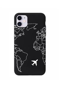 mooodcase Iphone 11 Uyumlu  World Map Lines Siyah Lansman Kılıf