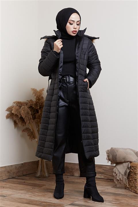 festmoda Kadın Siyah Kemer Detaylı Şişme Mont