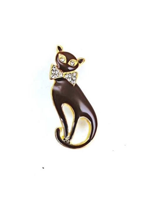 Şentürk aksesuar Unisex Altın Mineli Taşlı Kedi Broş Vintage