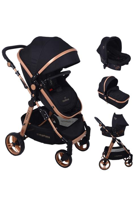 Mamma Unisex Bebek Siyah Jaguar Gold Travel Sistem Bebek Arabası