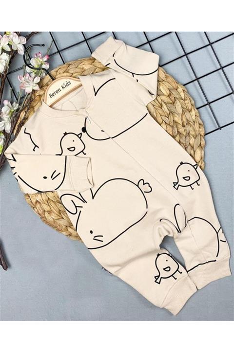Beren Kids Bebek Tavşan Desenli Uzun Kollu Fermuarlı Tulum