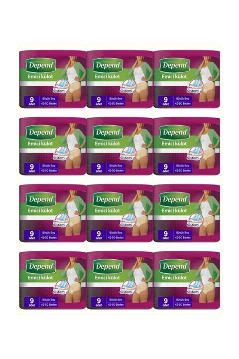 Depend Kadın Emici Külot Büyük Boy 42-50 Beden 9 X 12 Toplam 108 Ad