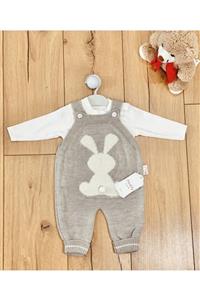 minik ay Unisex Bebek Taş Rengi Badili Tavşan Baskılı Triko Takım