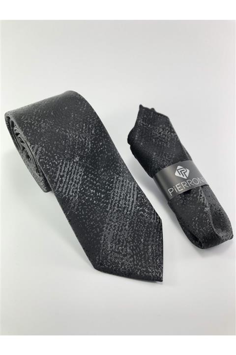 PİERRONİ Erkek Siyah Füme Gölge Desen Mendilli Kravat