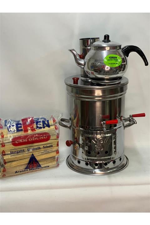 CEREN MANGAL Çift Musluk 5 Lt Odunlu Semaver Demlik Ceren Paket Odun