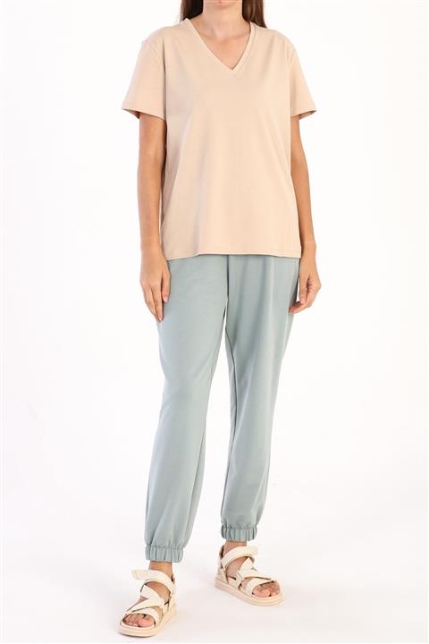 ALLDAY Bej V Yaka Pamuklu Basic T-shirt