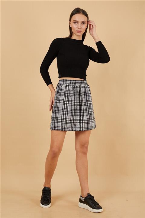 Viking Jeans Beli Lastikli Ekoseli Kaşe Kısa Etek