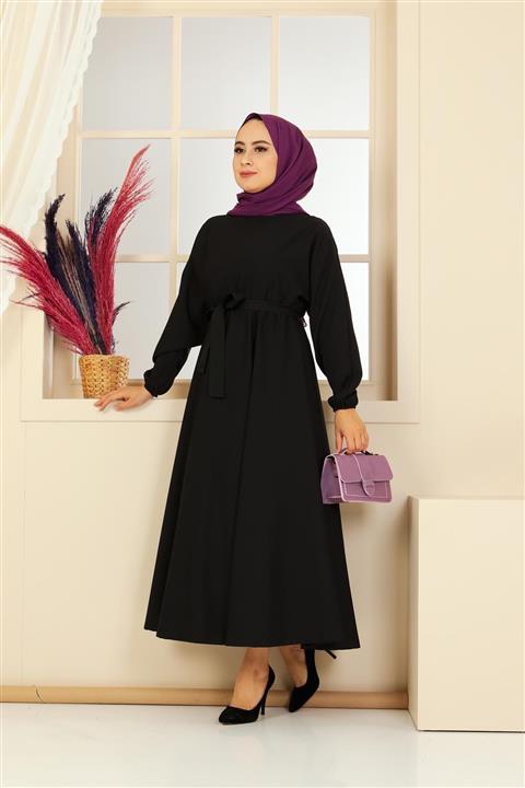 Defne Bahar Kuşaklı Tesetür Elbise Siyah