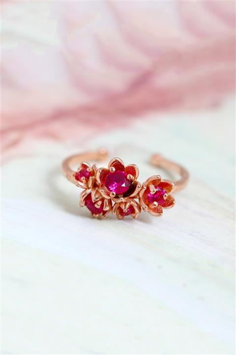 LOTUS GÜMÜŞ Nar Çiçeği Ayarlanabilir 14 K Rose Altın Kaplama Kadın Yüzük