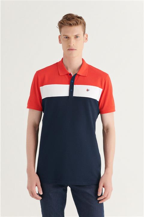 Avva Erkek Lacivert Polo Yaka Parçalı Çizgili T-shirt A11y1076