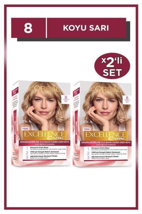 L'Oreal Paris Excellence Creme Saç Boyası 8 Koyu Sarı 2'li Set
