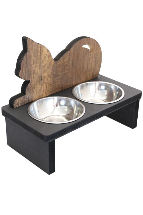 HobiMax Çelik Kaseli Ahşap Ponçik Kedi Mama Ve Su Kabı
