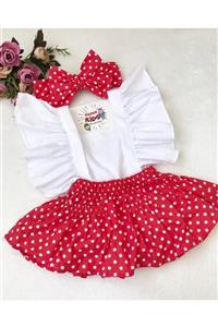 ŞAPKAKİDS Kırmızı Puantiye Salopet Ve Bandana Set