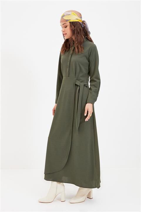 Trendyol Modest Haki Gömlek Yaka Belden Bağlama Detaylı Elbise TCTAW22EB0126