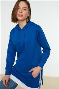 Trendyol Modest Saks Kapüşonlu Kanguru Cepli Alttan T-shirt Çıkmalı Örme Sweatshirt TCTAW22TW0143