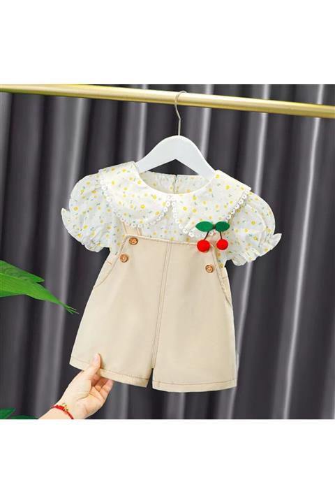 baby mars store Çiçek Desenli Gömlek Ve Krem Salopet 2'li Takım