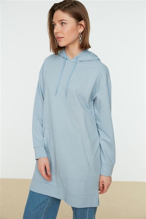 Trendyol Modest Mavi Kapüşonlu Basic Örme Sweatshirt TCTAW22TW0139