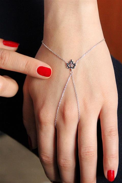 Argentum Concept Siyah Taşlı Çınar Yaprağı Motifli Gümüş Şahmeran