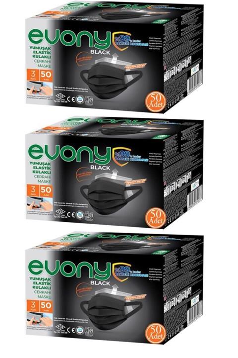 Evony Siyah Elastik Kulaklı Maske 150 Adet 50x3