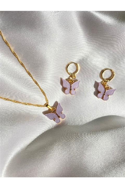 rich lion Altın Kaplama Lila Kelebek Kolye Küpe Seti