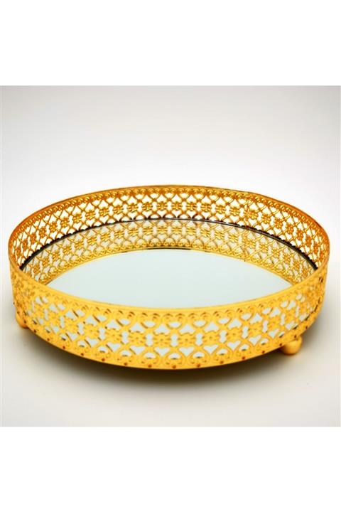 roofdepo Aynalı Yuvarlak Altın Kaplama Sunum Nişan Çeyizlik Tepsi