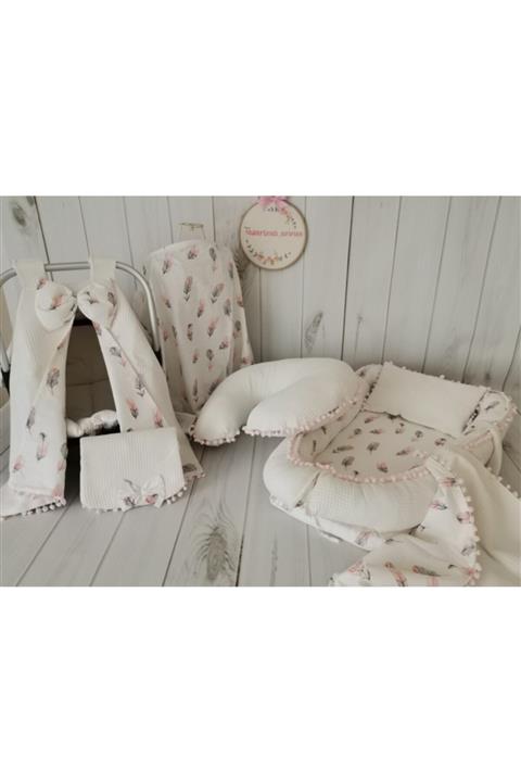 tasarımcı anne Babynest 7'li Set Krem Klasik Pike - Pembe Tüylü Poplin