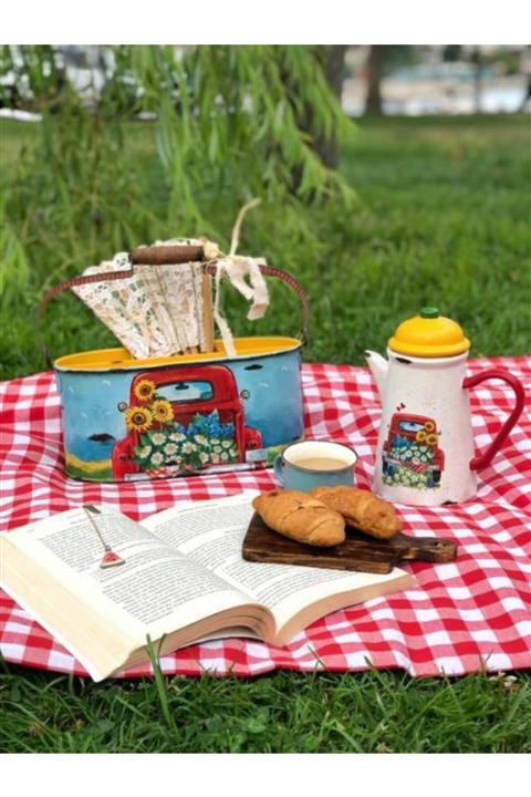 Handmadesign Kırmızı Arabalı Set (galvaniz Çok Amaçlı Bölmeli Sepet- Seramik Sürahi)