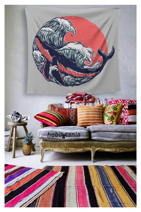 Hobimania Duvar Örtüsü Tapestry Dalga Ve Balık 150x150 Cm Duvar Dekorasyon Moda