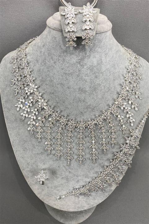 Hayalperest boncuk Gümüş Renk Arya Zirkon Taşlı Kolye Bileklik Yüzük Ve Küpe Seti