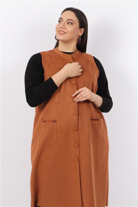 KadoModa Süet Hakim Yaka Yelek Taba