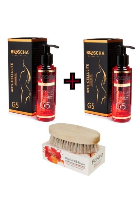 Bioscha Selülit Giderici Masaj Yağı 125 ml 2 Adet + Kokina Selulite Karşı Doğal At Kılı Fırçası